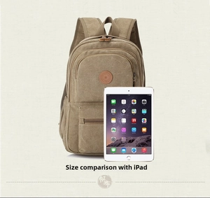 Canvas backpack detail showing front zipper pocket and size comparison with a tablet
