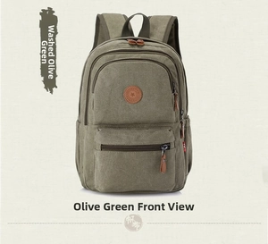 Detailed front view of army green canvas backpack with leather zippers and round logo