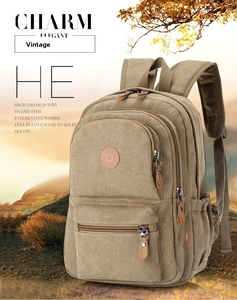 Outdoor casual canvas backpack in khaki featuring multiple compartments and leather logo