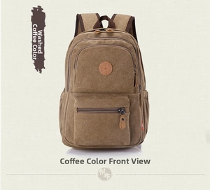 Front detail of washed canvas backpack in coffee brown featuring multi-zipper compartments