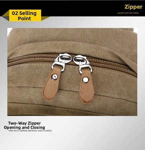 Detail of durable dual-way metal zippers with leather pullers on khaki canvas backpack