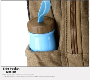 Detail showing canvas backpack side pocket with a blue water bottle inside