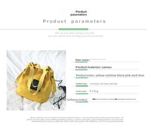 Detailed view of yellow mini canvas bucket bag with size specifications and strap design