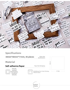Detail of vintage newspaper style stickers with English quotes in a wooden frame set
