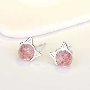 Sweet Cat Shape Strawberry Crystal Stud Earrings With 925 Sterling Silver Post Copper Pink Gemstone Small Cute Korean Jewelry