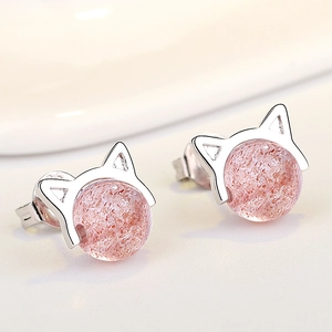 Cute S925 silver cat ear stud earrings with pink strawberry quartz for women