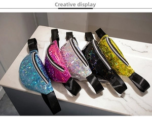 Macro shot of laser holographic waist bags showing sparkling texture in five colors
