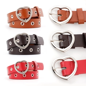 Women PU Leather Belt With Heart Shaped Alloy Pin Buckle Grommets Fashion Waistband For Jeans Dresses