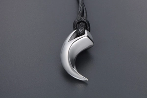 Detailed shot of a silver wolf tooth pendant with polished metal and black woven cord