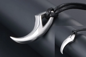 Detailed studio shot of a silver wolf claw pendant with a black rope chain necklace