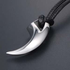 Korean style wolf tooth pendant necklace for men with silver polished finish and black rope