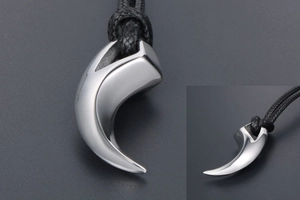Close-up of polished silver eagle claw pendant with black braided rope necklace
