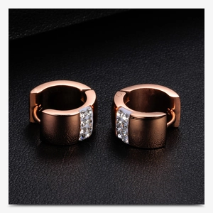 Macro shot of rose gold titanium earrings with clear zircons on leather background