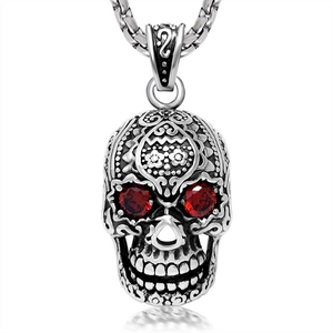 Skull Pendant Necklace Stainless Steel Red Gemstone Eyes Carved Pattern Retro Punk Gothic Hip Hop Jewelry Men Women