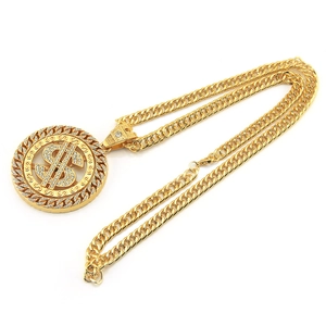 Collier hip hop avec pendentif dollar doré serti de cristaux et grosse chaîne gourmette
