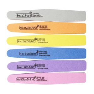 Detail of 6 colorful double-sided 100/180 grit nail buffers showing the washable texture