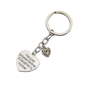 Silver mother daughter heart keychain with engraved forever love message on white background