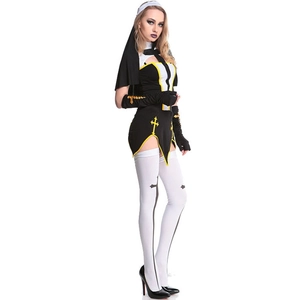 Detail view of the nun cosplay outfit including headpiece, mini dress, and cross socks