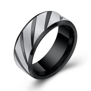 Black and silver 8mm brushed metal ring with diagonal stripes and polished inner edge