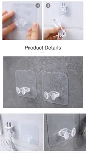 Transparent adhesive wall hook showing installation steps for power plug cable storage