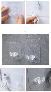 Transparent adhesive wall hook showing installation steps for power plug cable storage