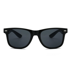 Classic black Wellington sunglasses with dark lenses and silver metal rivet accents