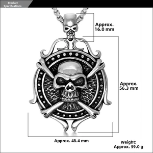 Detailed size measurement of vintage skull and helm pendant in durable titanium steel