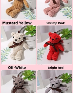 Detail showing various colors of knitted bear charms with decorative satin bows