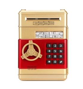 Macro detail of ATM piggy bank showing the digital keypad and rotating handle lock