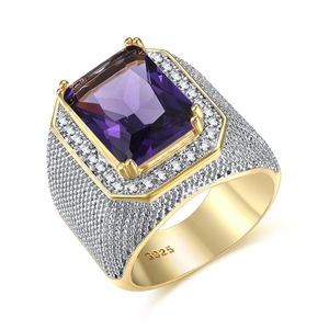 Men's luxury hip-hop ring in gold with square purple zircon and paved white diamonds