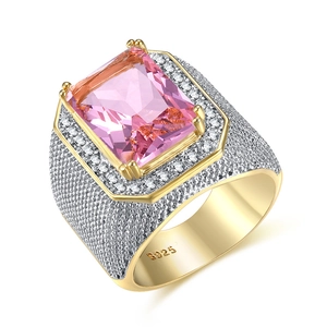 Men's hip hop square pink zircon ring in S925 silver with sparkling micro-pave crystals