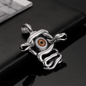 Punk style stainless steel snake pendant necklace with brown devil eye detail for men