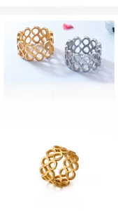 Detail view of 12mm infinity symbol rings in gold and silver with size specification chart