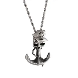 Pendentif Ancre Pirate Crâne Acier Inoxydable Nautique Chapeau Capitaine Punk Gothique Bijoux Hommes
