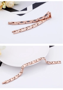 Detail view of rose gold titanium steel magnetic bracelet with embedded healing magnets
