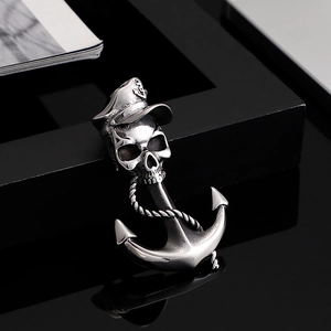 Pendentif ancre de pirate en acier inoxydable argenté avec crâne et chapeau de capitaine