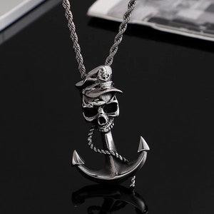 Collier ancre pirate punk avec pendentif tête de mort capitaine en acier argenté