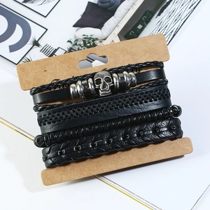 Ensemble de bracelets multicouches en cuir noir vintage avec perles et tête de mort