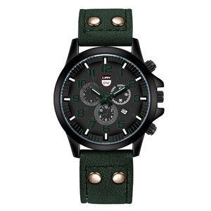 Mens military sport watch with dark green rivet leather strap and black metal case