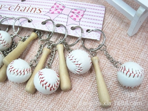 Detail of mini baseball and wooden bat keychain charms on decorative gift card