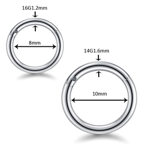 Anneaux de piercing clicker en acier inoxydable poli en tailles 16G 8mm et 14G 10mm