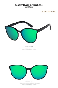 Kids round cat-eye sunglasses with glossy black frames and green mirrored lenses