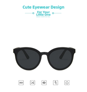 Detail of round black cat-eye kids sunglasses featuring high definition protective lenses