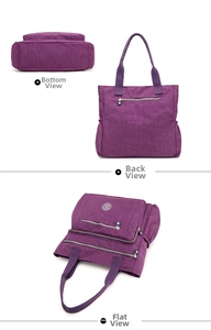 Detailed views showing the bottom, back, and front layout of the purple nylon tote bag