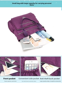 Detail view of purple nylon tote bag featuring multi-pocket design and large capacity