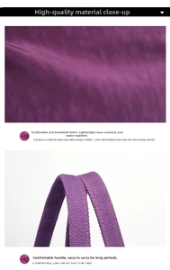 Close-up of water-resistant purple nylon fabric and reinforced stitching on handles