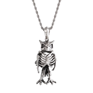 Polished stainless steel owl skeleton pendant with twisted rope chain on white background