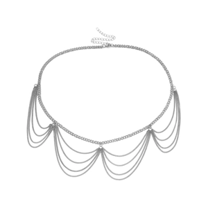 Detail of silver multi-layer fringe body chain with adjustable lobster clasp closure
