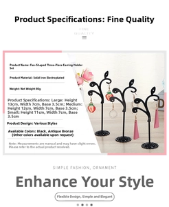 Three-piece metal fan-shaped earring stands with sturdy electroplated iron in various sizes