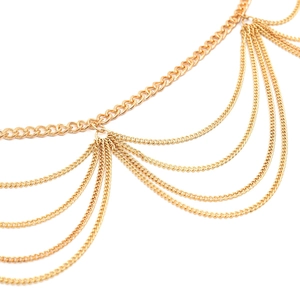Elegant gold multi-layered body chain featuring fringe tassels and metallic fringe pendant
